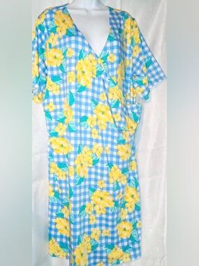 Kim Rogers Plus Size Womens Blue White wrap Dress with yellow Floral size 2X